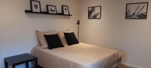 鲁昂Studio avec jardin et stationnement gratuit à Rouen的一间卧室配有一张带黑色枕头的床。
