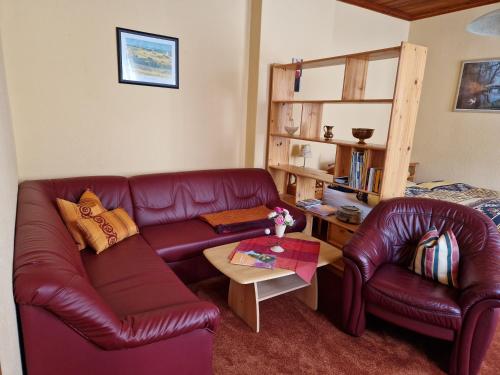 奥拉宁鲍姆Ferienwohnung Matthisson的客厅配有红色皮革沙发和椅子