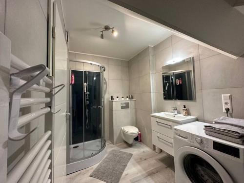 阿尔泽特河畔埃施Amazing Hyper Central Flat- Esch的带淋浴和洗衣机的浴室