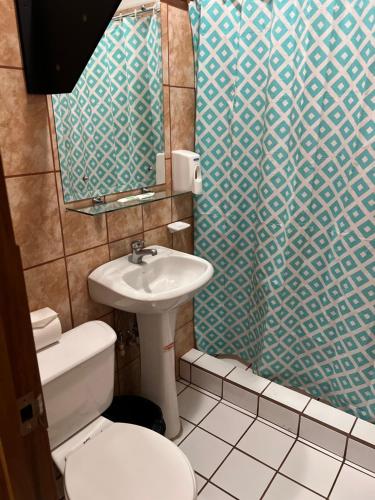 圣何塞20街精品酒店的一间带卫生间、水槽和镜子的浴室