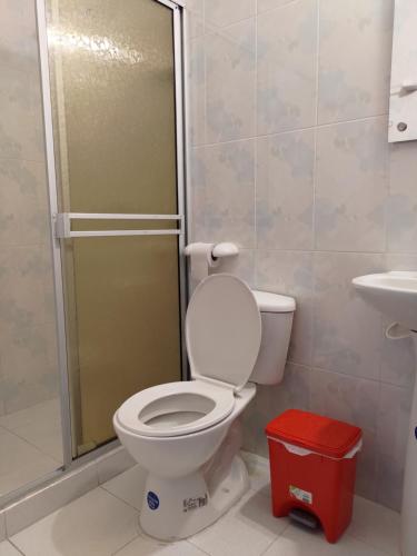 弗洛伦西亚Hotel Amazon的一间带卫生间和淋浴的浴室