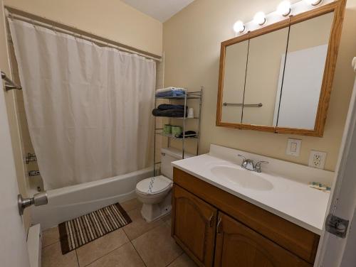 乔治湖LAKE GEORGE FAMILY VACATION HOME的一间带水槽、卫生间和镜子的浴室