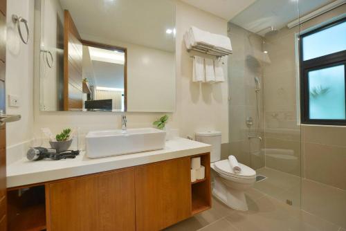 爱妮岛The Apartments at El Nido的一间带水槽、卫生间和镜子的浴室