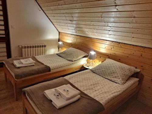 卢托维斯卡Apartamenty Pod Lipą的木墙客房的两张床