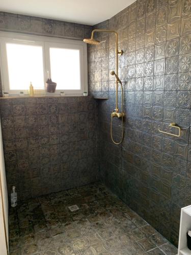 鲁西隆地区卡内Suite 31 - Clim - front de mer的一间带淋浴的浴室和瓷砖墙