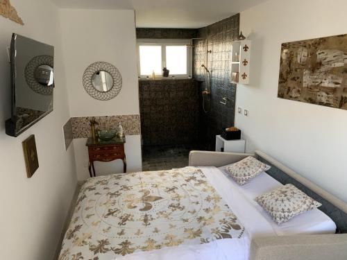 鲁西隆地区卡内Suite 31 - Clim - front de mer的一间卧室配有一张床,浴室设有淋浴。