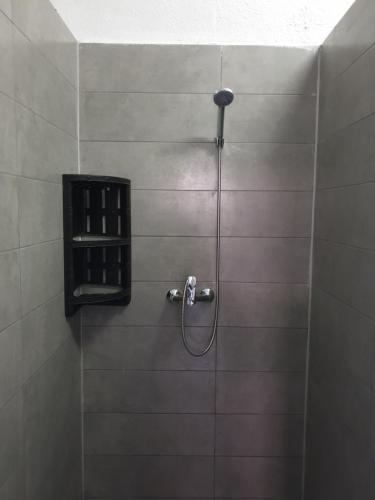 乌日霍罗德Мандри Хостел的瓷砖浴室内带软管的淋浴