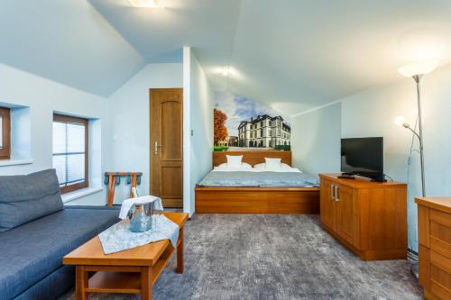 大梅济日奇捷琳科瓦别墅酒店的一间卧室配有一张床、一张沙发和一台电视。