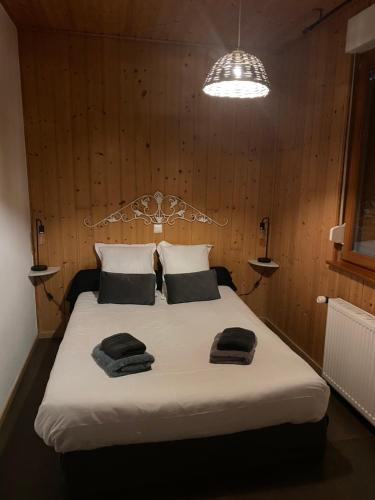 贝尔蒙特Les gîtes de la Serva的一间卧室配有一张大床和两条毛巾