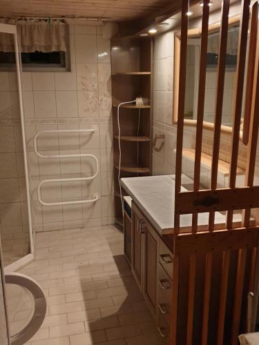 LjungsarpLjungsarp-Västra Götalands Iän-Hasewinkel的带淋浴、盥洗盆和卫生间的浴室