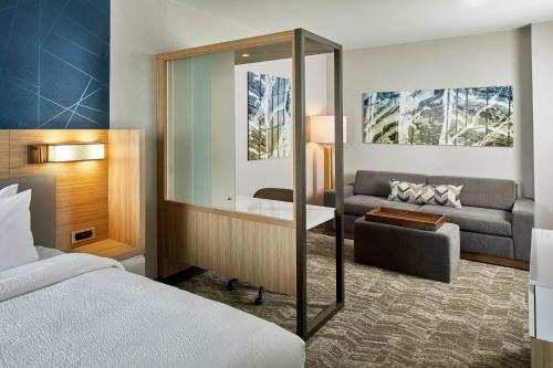 都柏林SpringHill Suites by Marriott Columbus Dublin的一间卧室配有一张床、一张沙发和一面镜子
