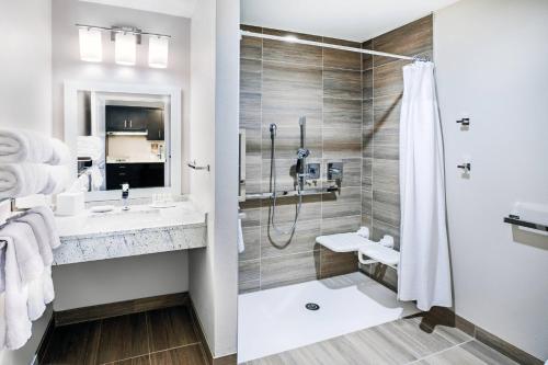 普莱诺TownePlace Suites Dallas Plano/Richardson的带淋浴和盥洗盆的浴室