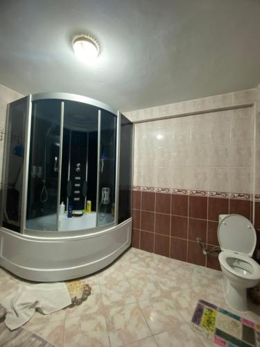 伊斯坦布尔İstanbul Otel Süit的一间带卫生间的浴室和大窗户