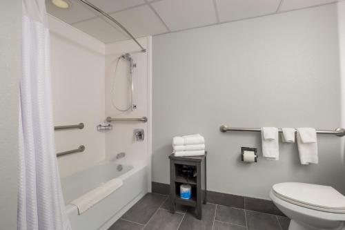 阿灵顿山阿灵顿山洛克威万怡酒店的一间带卫生间、浴缸和淋浴的浴室