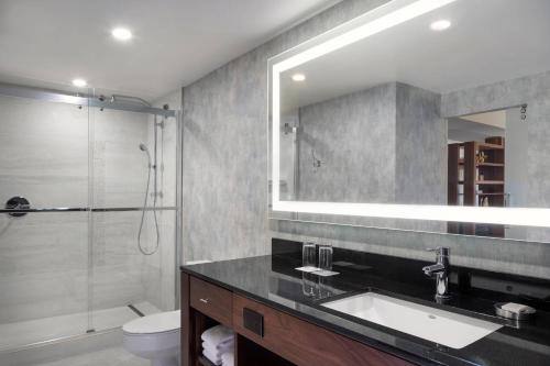 凤凰城凤凰城市中心万丽酒店的一间带水槽、淋浴和镜子的浴室