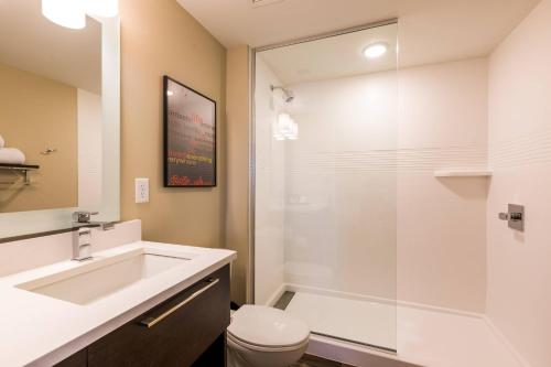 比弗顿TownePlace Suites by Marriott Portland Beaverton的一间带水槽、卫生间和淋浴的浴室