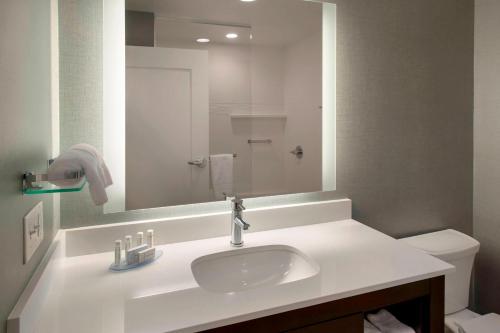 Bridgewater波士顿布里奇沃特原住客栈万豪酒店的一间带水槽、镜子和卫生间的浴室