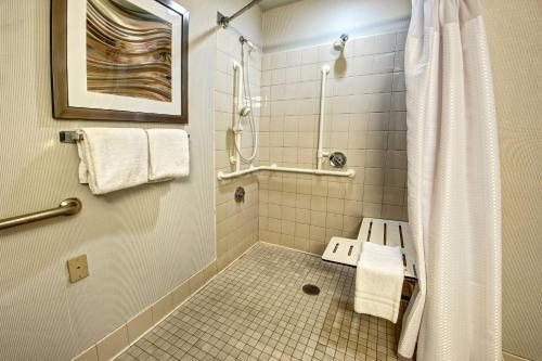 南海文Courtyard by Marriott Memphis Southaven的带淋浴和浴帘的浴室