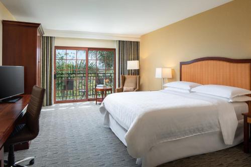 卡尔斯巴德卡尔斯贝喜来登Spa度假酒店 的酒店客房设有一张大床和一台电视。