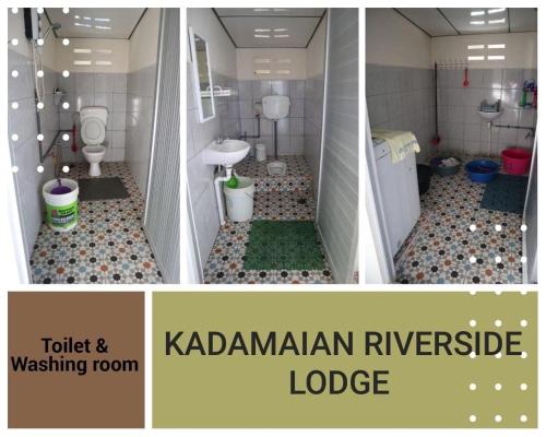 古打毛律Kadamaian Riverside Lodge Tambatuon, Kota Belud的浴室配有水槽、卫生间和 ⁇ 蓝的吸尘器。