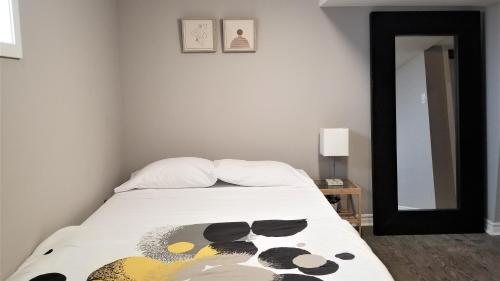 渥太华Charming Studio with Parking, Netflix, Full Kitchen - Close to Algonquin College的一间卧室配有一张床和镜子