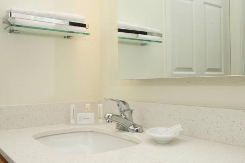 梅萨凤凰城梅萨原住客栈的浴室的柜台设有水槽和镜子