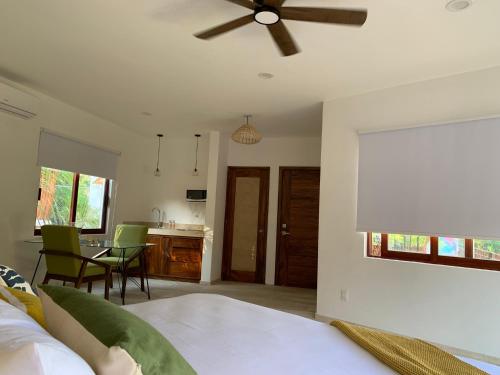 锡瓦塔塔内霍Luana Suites- Suite Maya的一间卧室配有一张床和吊扇