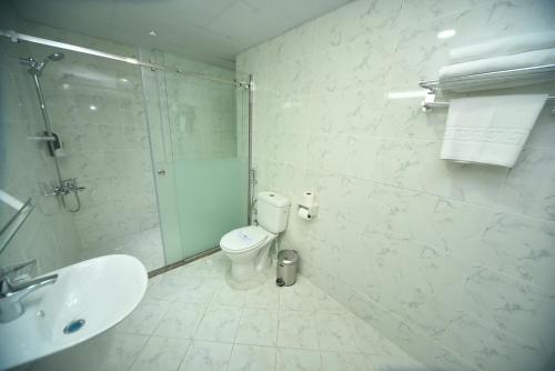 阿吉曼Alain Hotel Apartments Ajman的带淋浴、卫生间和盥洗盆的浴室