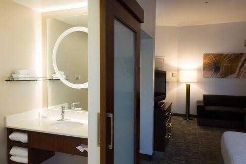 奎克敦宾夕法尼亚魁可敦春季山丘套房酒店的一间带水槽的浴室和一间带沙发的房间