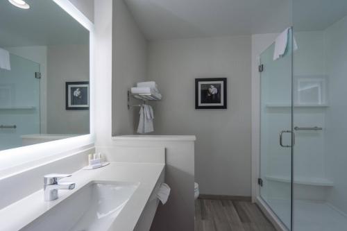 拉伯克Fairfield Inn & Suites by Marriott Lubbock Southwest的白色的浴室设有水槽和淋浴。