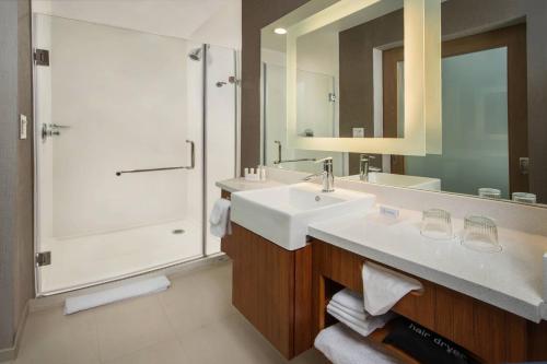 盖恩斯维尔盖恩斯维尔春季山丘套房酒店的一间带大水槽和淋浴的浴室