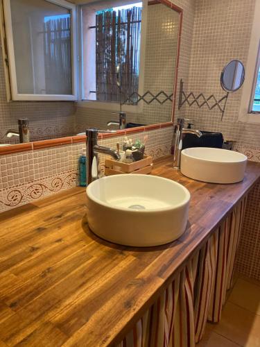 巴亚盖斯Villa des Oliviers的浴室设有木台上的两个盥洗盆