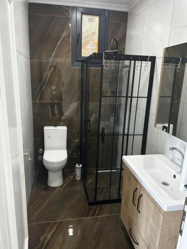 班德尔马Exclusive Bungalow by the Sea的浴室配有卫生间、淋浴和盥洗盆。
