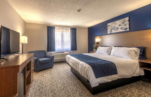 GroveHilltop Inn & Suites的配有一张床和一台平面电视的酒店客房