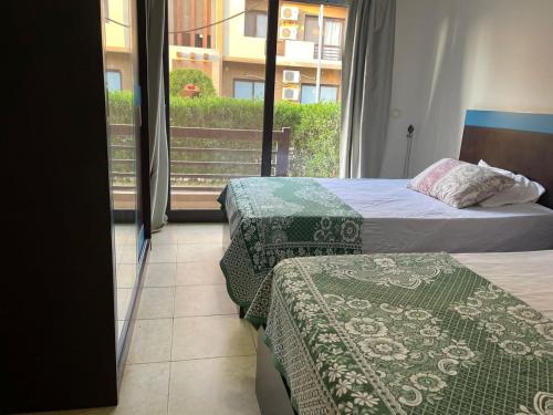 艾因苏赫纳Marsilia blue bay的配有窗户的酒店客房内的两张床