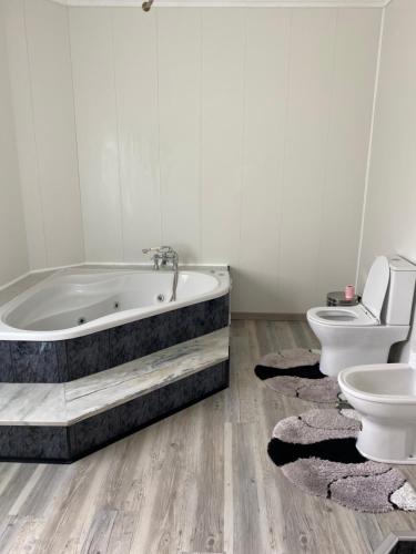 蓬塔德尔加达Green Tropical House的带浴缸和卫生间的浴室。