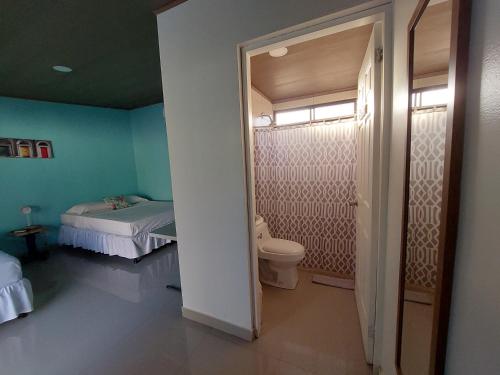 塔马林多Hotel Casa Carlota Tamarindo的一间带卫生间的浴室、一张床和一个窗户。