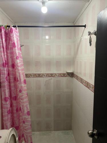 圣玛尔塔Apartamento En Los Ángelesツ的带淋浴和粉红色浴帘的浴室
