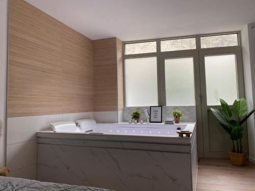 蒙贝利亚尔Appartements du Château的带浴缸的大型浴室,设有2扇窗户