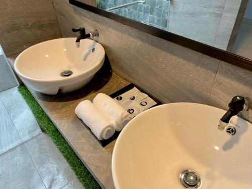Kampung MawarChantara Cottage的一间带水槽、卫生间和镜子的浴室