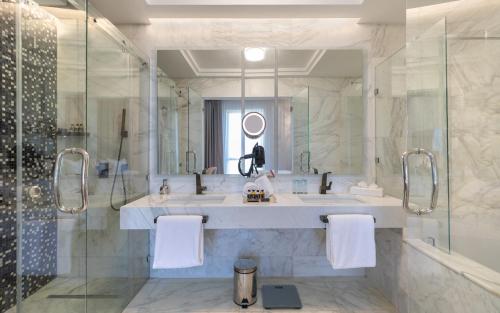 突尼斯Hotel Royal ASBU Tunis的带淋浴、盥洗盆和镜子的浴室