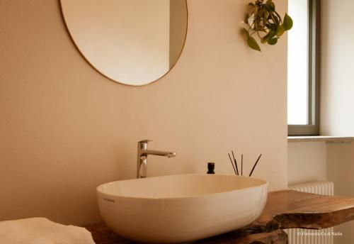 CarriolaForesteria Cà di Nadin的浴室设有白色的碗水槽和镜子