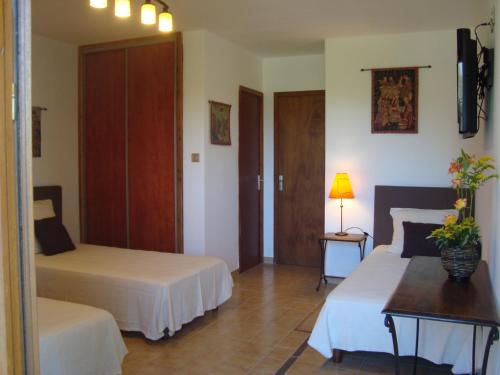 卡尔卡松帕米耶德斯特城堡酒店的一间卧室配有两张床和一张鲜花桌