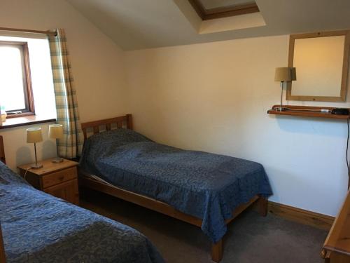 纽波特Upper Grippath Farm Holiday Cottages的酒店客房,设有两张床和镜子