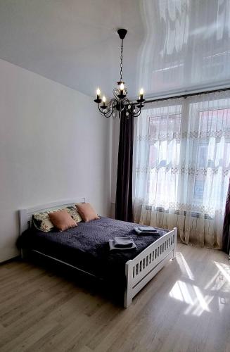 捷尔诺波尔Центр Апарт的一间卧室配有一张床和一个吊灯