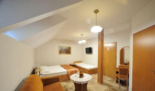 OlesnoNa Kamieniu Hotel & Spa的一间卧室配有一张床、一张沙发和一张桌子