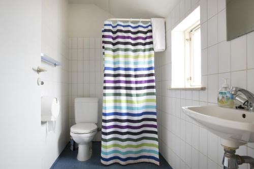 斯泰厄斯泰厄汽车旅馆的一间带卫生间和条纹淋浴帘的浴室