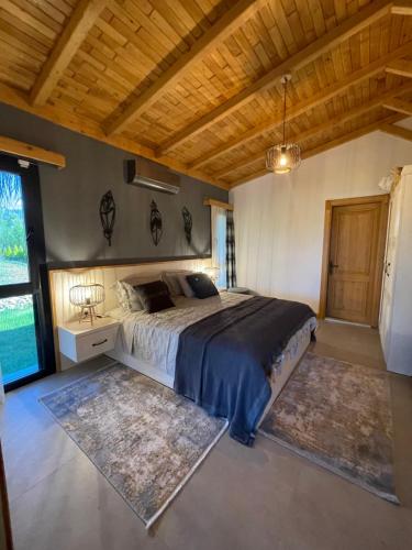 Manolya villa的一间卧室配有一张床和两块地毯