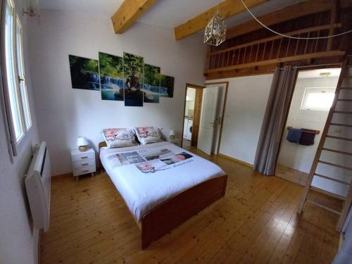 勒吕克Rez de villa à la campagne的一间卧室设有一张床和梯子