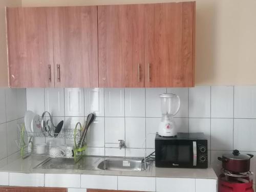 KisiiNuri Homes的厨房配有木制橱柜、水槽和微波炉